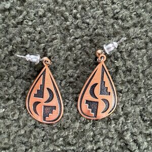 WM Wheeler Co Pierced Earrings Vtg Copper Southwestern Teardrop Dangles Navajo